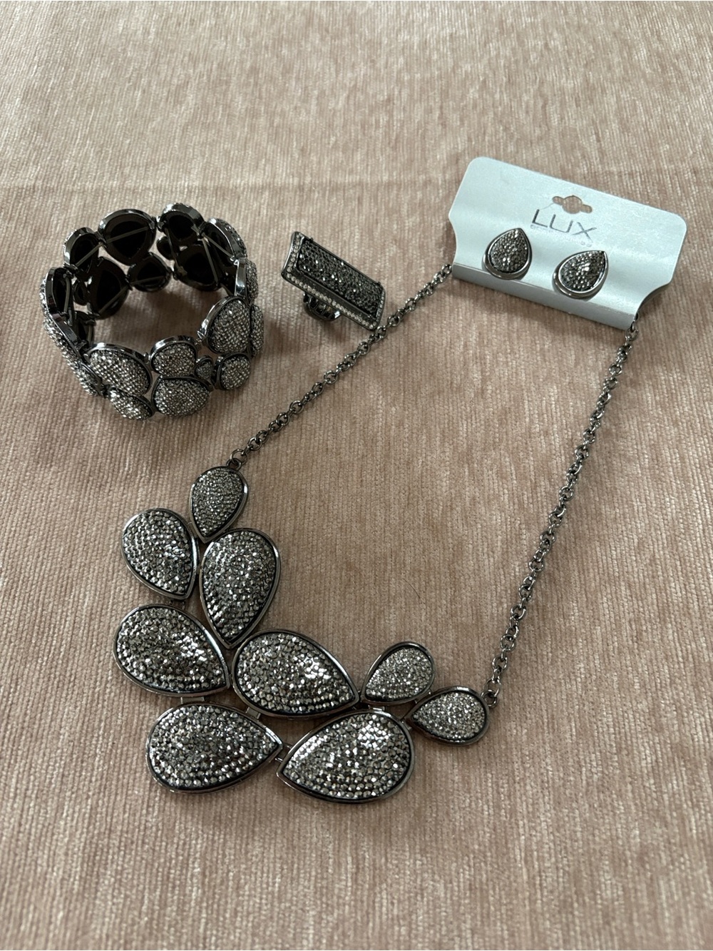 Gunmetal Pave Teardrop Statement Jewelry Set Necklace Earrings Ring Bracelet